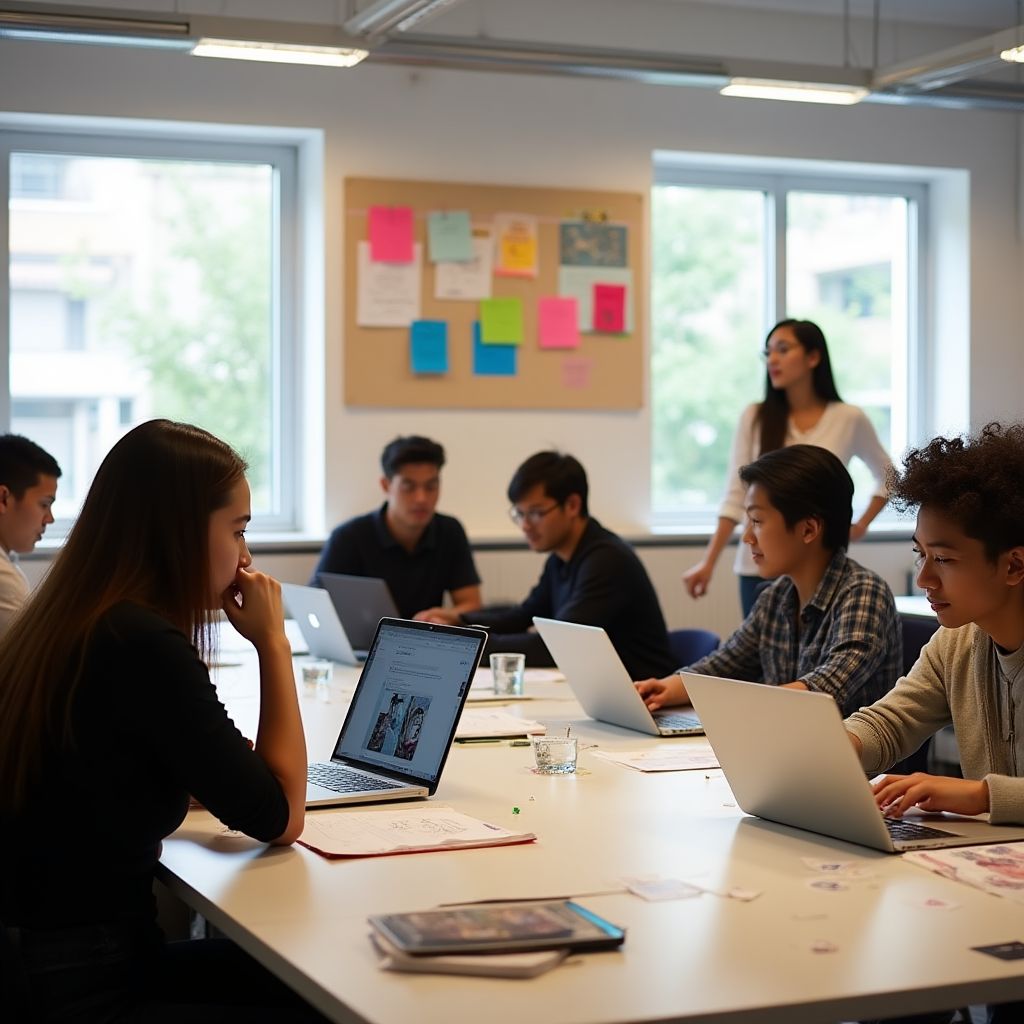 Un aula de diseño colaborativo y vibrante con estudiantes colombianos trabajando en proyectos creativos