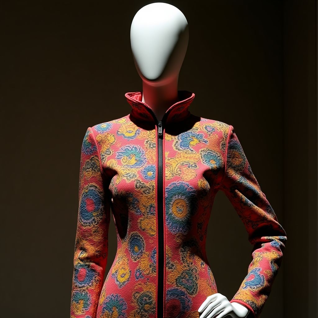 Maniquí vestido con una creación de moda vanguardista inspirada en la cultura colombiana