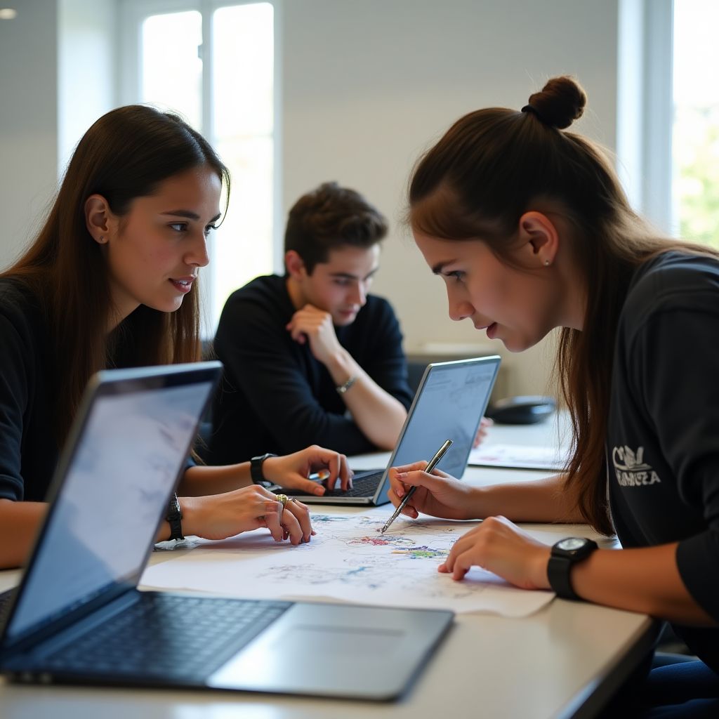 Estudiantes colaborando en un proyecto de diseño gráfico en un aula moderna